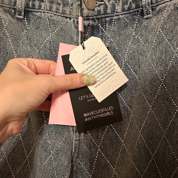 NWT Avec Les Filles High Waisted Rhinestone Wide Leg Denim Jeans - Picture 5 of 7